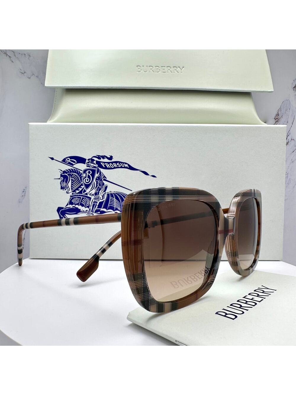 New Burberry Sunglasses Brown Check Square Frames Gradient Lens w/ Case BURBERRY